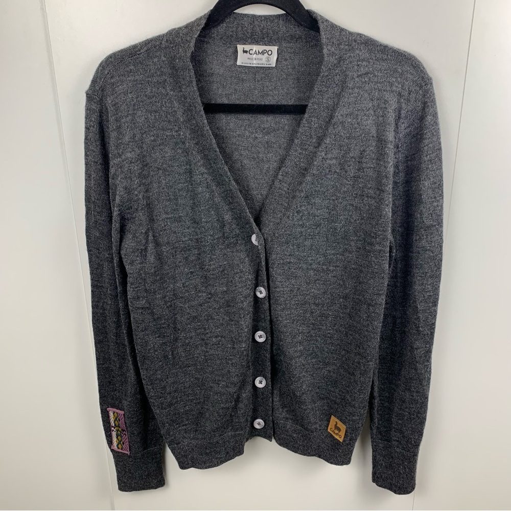 Campo Alpaca Blend Cardigan Sweater Charcoal Grey V-Neck Peru Button Front sz S